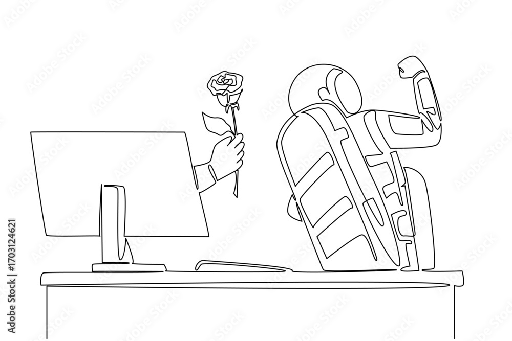 Poster continuous one line drawing hand of astronaut out of monitor screen while holding rose flower. greet