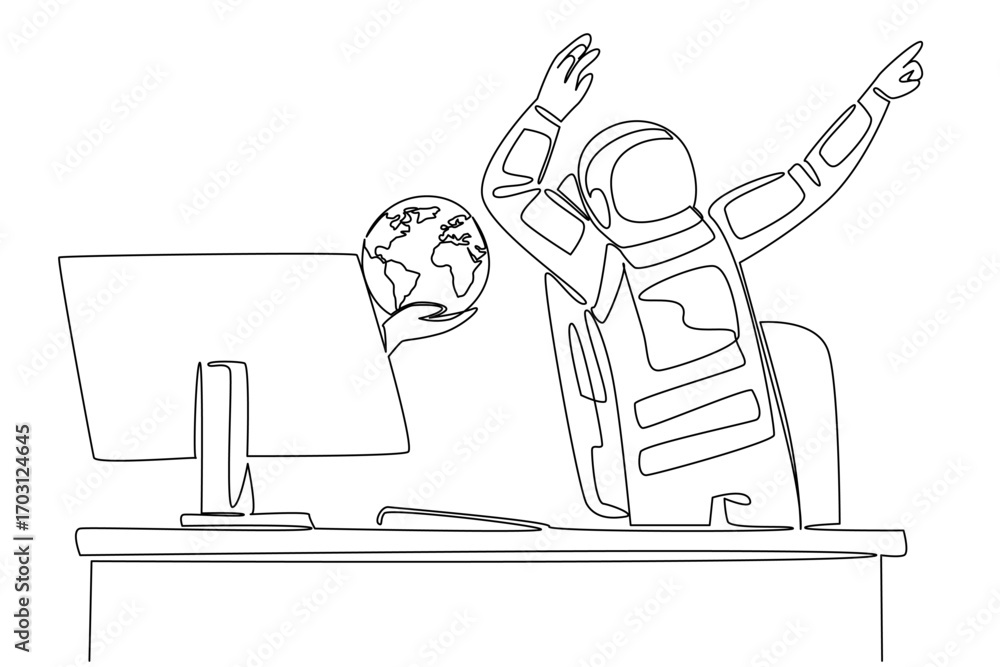 Poster single one line drawing hand of astronaut out of monitor screen while holds globe. getting good news