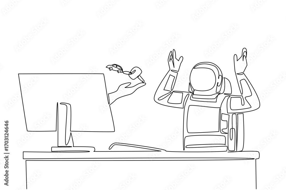 Poster single continuous line drawing hand of astronaut out of the monitor screen while holding a car key w
