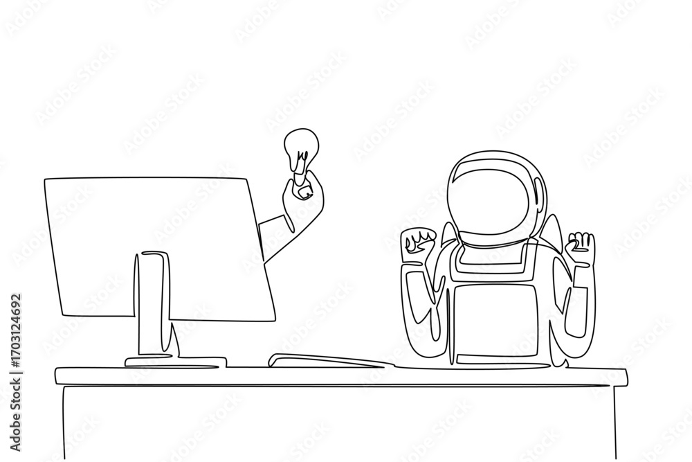 Aufkleber continuous one line drawing hand of astronaut out of monitor screen while holding a bulb lamp. get b