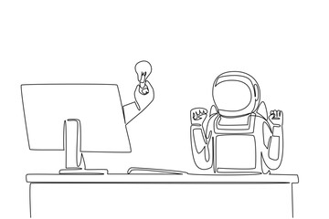 Continuous one line drawing hand of astronaut out of monitor screen while holding a bulb lamp. Get brilliant ideas about expeditions. Things from Screen. Single line draw design vector illustration