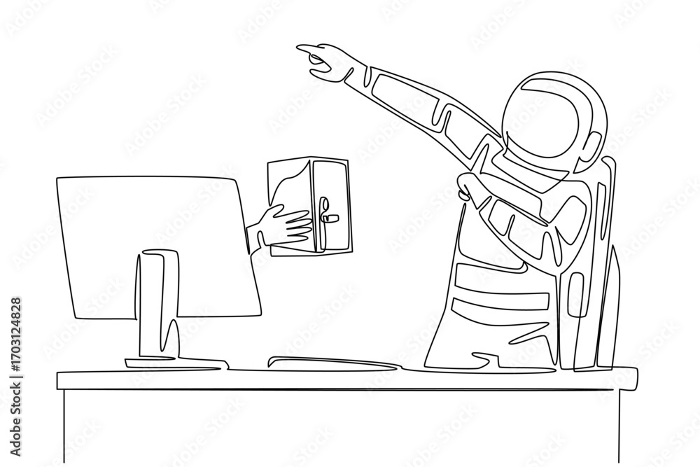 Aufkleber continuous one line drawing hand of astronaut out of monitor screen while holding a safe deposit box