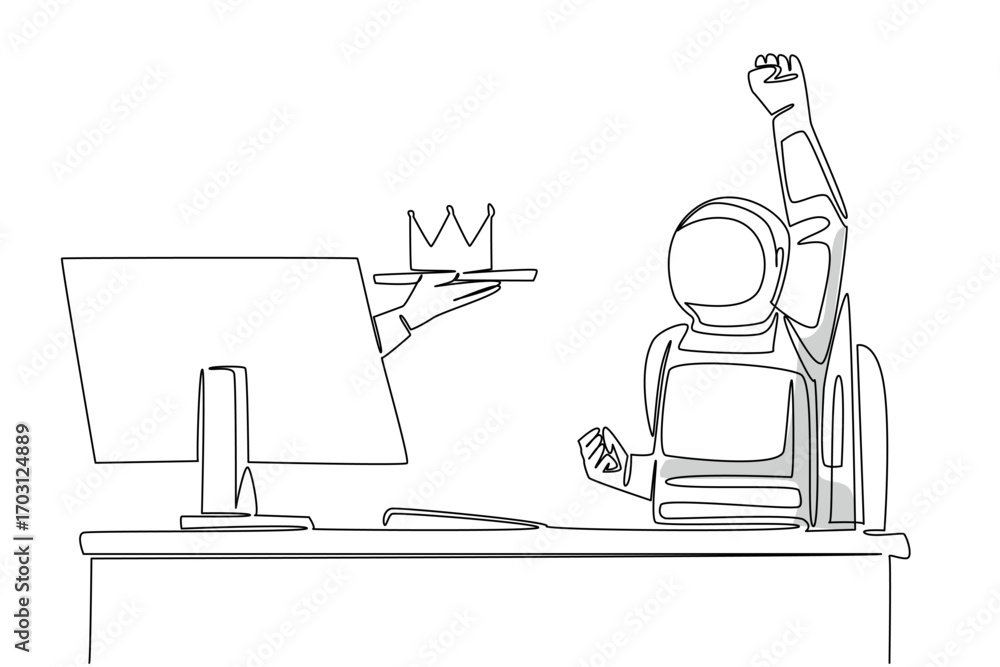 Poster continuous one line drawing hand of astronaut out of monitor screen while holding a crown. legitimac