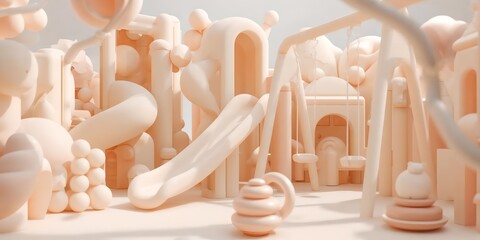 Abstract pastel playground scene slide swings and organic shapes society