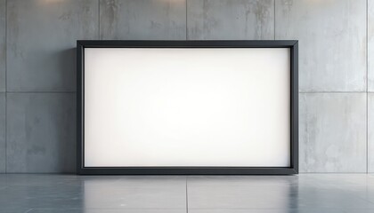 Modern digital display frame, large blank screen with minimalist black border against concrete wall. Smooth polished surface, crisp corners. Empty screen provides prominent visual impact for content.