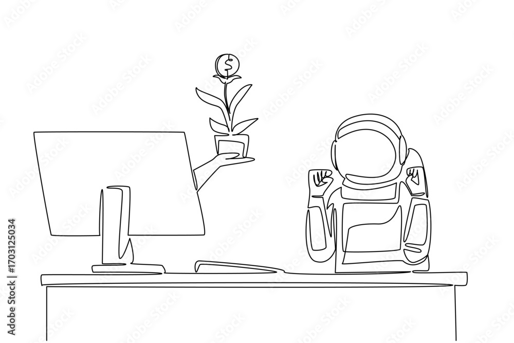 Poster single continuous line drawing hand of astronaut out of monitor screen while holds money tree with d