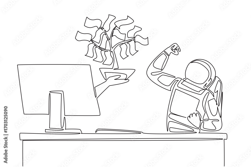 Aufkleber continuous one line drawing hand of astronaut out of monitor screen holds money tree with leaves mad