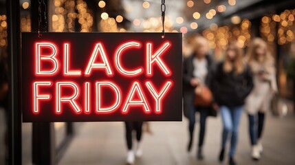 Vibrant red neon Black Friday sign glowing on a festive shopping street with blurred groups of people, capturing the energy of holiday retail season