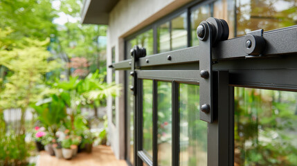 Close-up of a modern sliding glass door system with black metal hardware, overlooking a lush, plant-filled backyard patio.