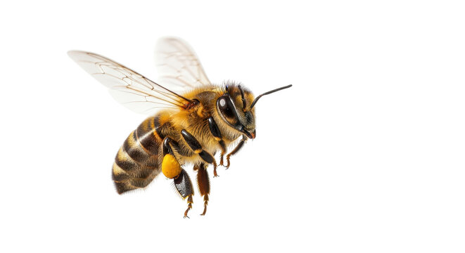 Honeybee with pollen flying, close up isolated PNG with Transparent Background