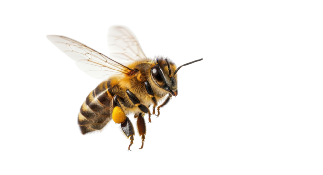Honeybee with pollen flying, close up isolated PNG with Transparent Background
