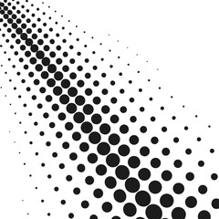Vector art of abstract halftone pattern of black dots on a, creating a dynamic diagonal gradient effect