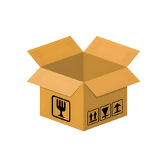 Open cardboard box with fragile and handling symbols ready for packaging and shipping