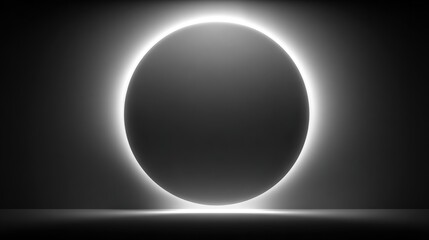 Glowing circular halo with radiant light on dark minimalist background, futuristic abstract retail design symbolizing luxury branding and promotion
