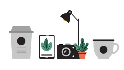 Modern minimalist desk setup featuring a coffee cup, tablet with plant graphic, vintage camera, desk lamp, and a potted plant creating a productive and stylish workspace vibe for remote work or creati