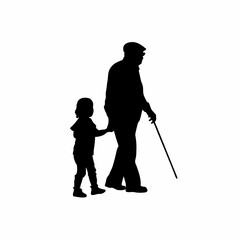 Child guiding blind grandfather across a road