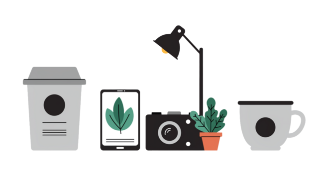 Modern minimalist desk setup featuring a coffee cup, tablet with plant graphic, vintage camera, desk lamp, and a potted plant creating a productive and stylish workspace vibe for remote work or creati