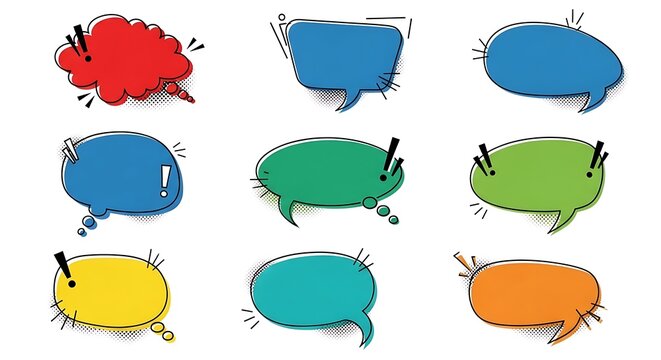 Collection of Colorful Comic Speech Bubbles in Various Shapes and Sizes on White Background