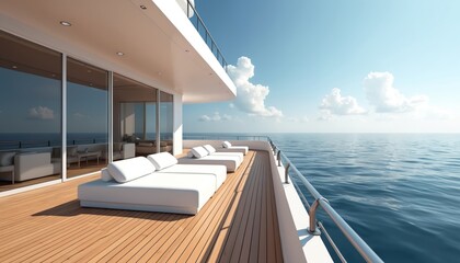 Fototapeta premium Minimalist yacht deck with wooden flooring and modern furniture offers infinity sea view. Empty white lounge beds face calm ocean under clear blue sky with scattered clouds.