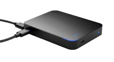 External hard drive with USB cable plugged in for data backup isolated PNG with Transparent Background