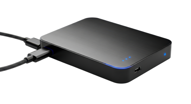 External hard drive with USB cable plugged in for data backup isolated PNG with Transparent Background