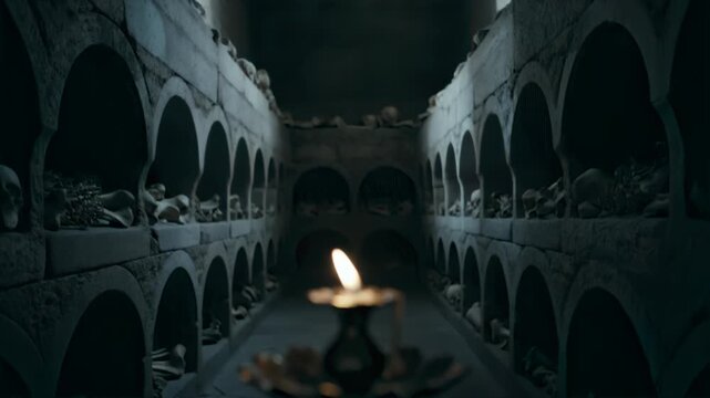 Church catacombs with flickering candles and bone niches
