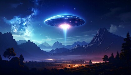 UFO hovers over a mountain valley at night, emitting light