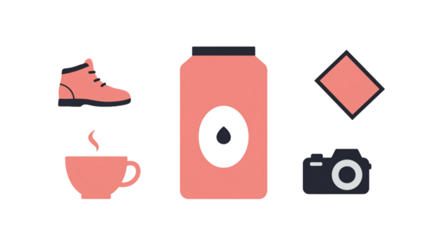 Explore new adventures with essential gear like a sturdy boot, refreshing drink, camera for memories, and a warm cup for cozy moments