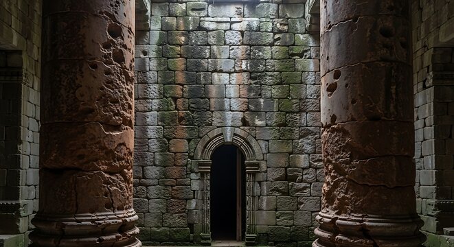 A weathered stone interior with aged columns and a dark archway, bathed in muted light.