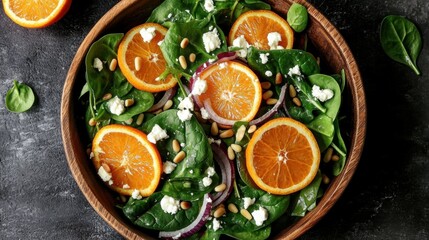 Top view salad wooden bowl made up fresh spinach