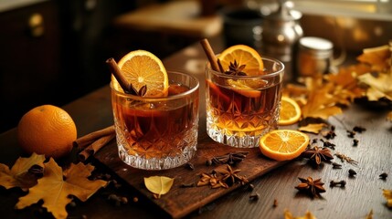 Two glasses mulled wine dark wooden table are of cherry