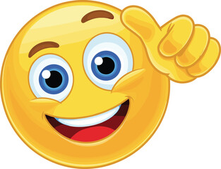 Happy emoji smiling face showing thumbs up gesture, cheerful expression, positive emotion, approval sign, bright yellow, cartoon style, flat vector illustration