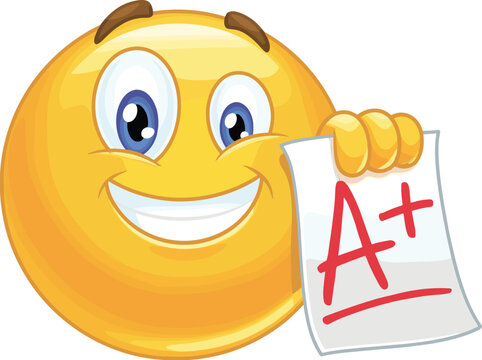 Happy smiling emoji holding A plus grade paper, success achievement concept, excellent exam result, proud student emoticon, flat vector illustration