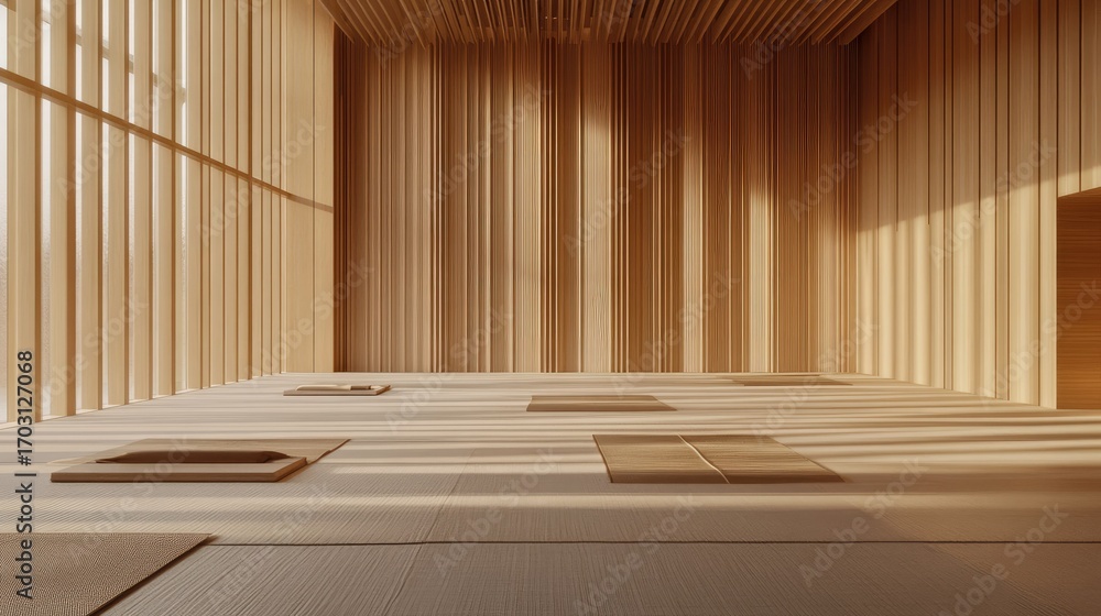 Poster neutral-tone empty room with tatami mats and modern wooden details, d visualization with soft shadow