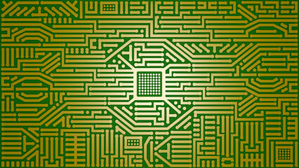 PCB, PWB, Green circuit board with golden traces, electronic circuit, digital geometric design