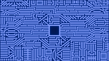 PCB, PWB, Glowing blue circuit board, electronic circuit, digital geometric design