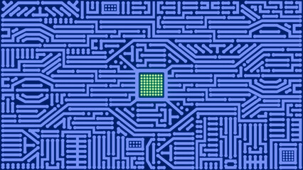 PCB, PWB, Glowing blue circuit board and glowing green socket, electronic circuit, digital geometric design