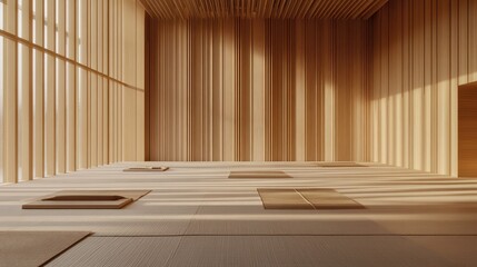 Neutral-tone empty room with tatami mats and modern wooden details, D visualization with soft shadows and clean layout