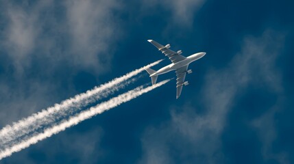 Commercial airliner ascends through a cloudy blue sky, viewed from the wingtip with visible vapor trails.