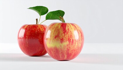 Two Red Apples with Green Leaves on White Surface Food Still Life Photography