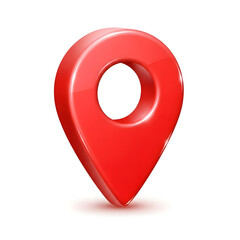 A glossy, three-dimensional red location pin icon isolated against a white background.