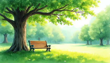 Watercolor painting of serene park scene featuring wooden bench under large tree with green foliage. Soft sunlight filters through leaves, illuminating tranquil landscape. Artwork captures beauty of