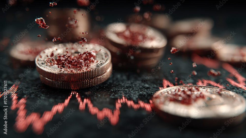 Aufkleber silver coins splattered with red liquid on a dark surface, with a digital red graph line showing vol