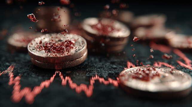 Silver coins splattered with red liquid on a dark surface, with a digital red graph line showing volatility.