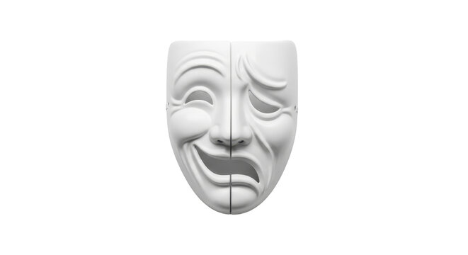 White theatrical mask depicting happy and sad emotions on a split face, representing comedy and tragedy isolated PNG with Transparent Background