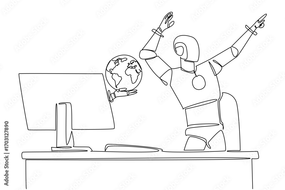 Poster single one line drawing hand of robot out of monitor screen holding a globe. artificial intelligence