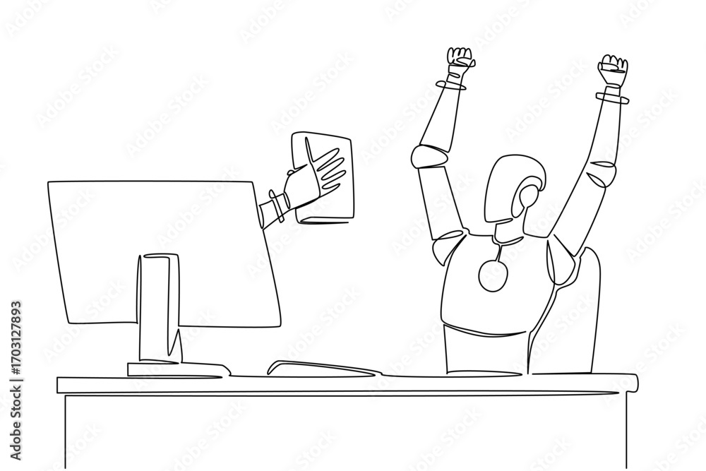 Aufkleber continuous one line drawing hand of robot out of monitor screen while . holding thick book. manual g