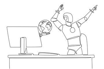 Single one line drawing hand of robot out of monitor screen holding a globe. Artificial intelligence connects continents. Wide network. Things from Screen. Continuous line design graphic illustration