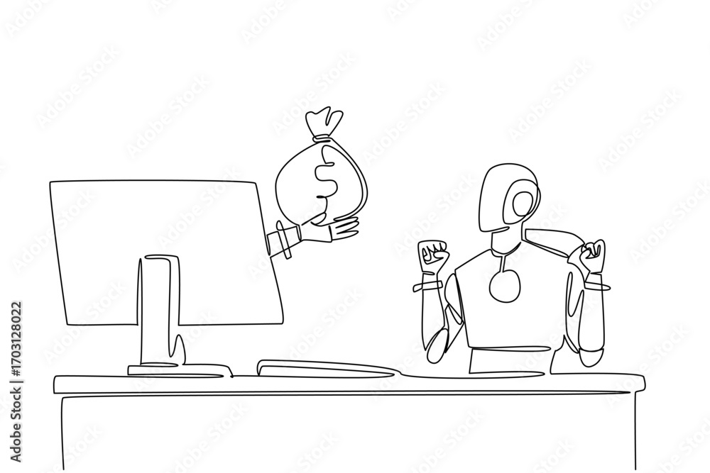 Poster continuous one line drawing hand of robot out from monitor screen holding a safe money bag. minimal 