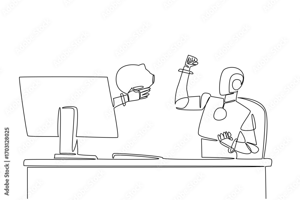 Poster single one line drawing hand of robot out from monitor screen holding a safe piggy bank. budget for 